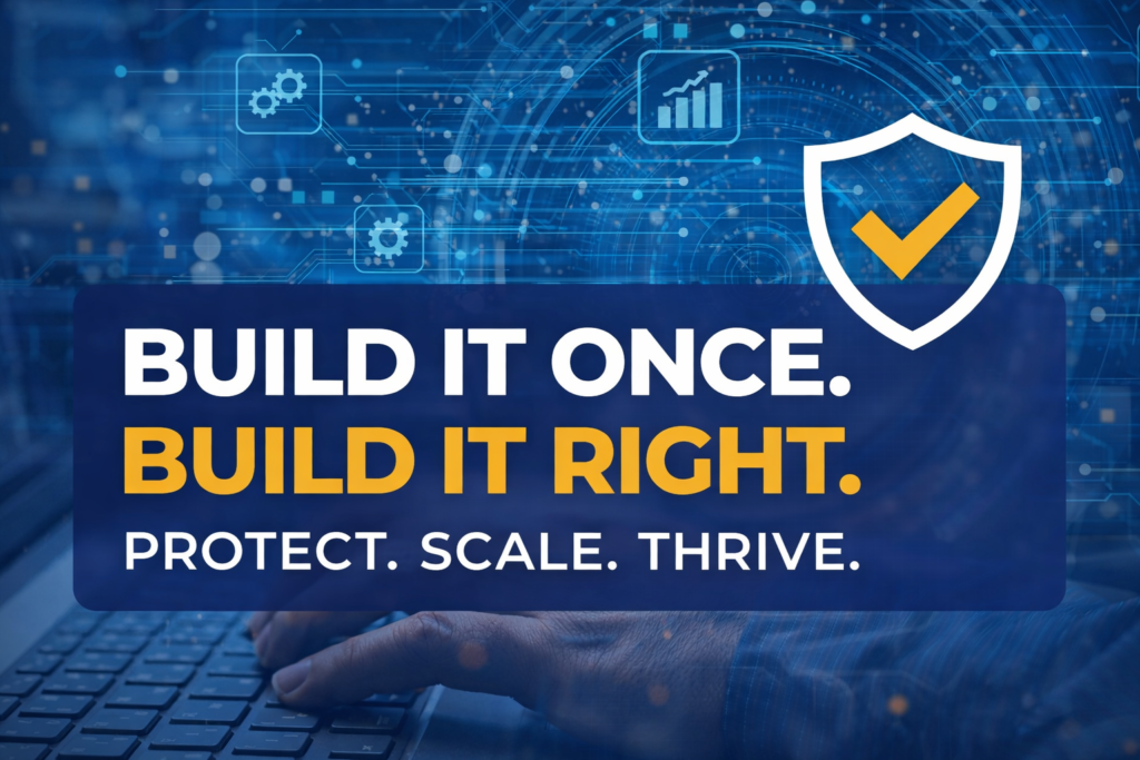 Bottom banner graphic reading “Build It Once. Build It Right. Protect. Scale. Thrive.” with a shield checkmark icon over a blue technology-themed background representing security and scalable business systems.