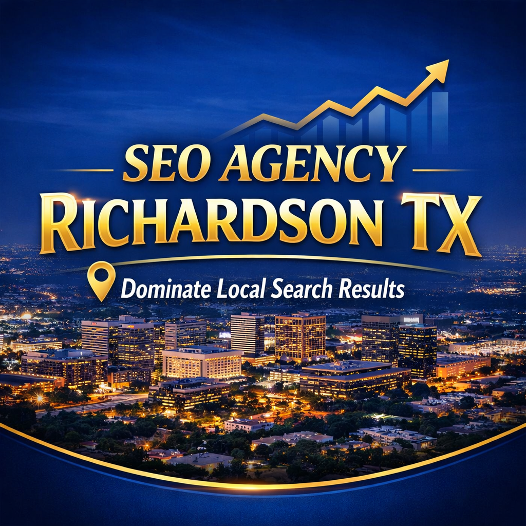 SEO agency Richardson TX thumbnail with skyline background and growth chart representing local SEO services in DFW.