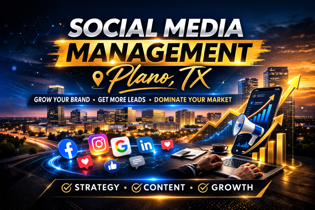 Social media management Plano Texas banner with skyline background and social media growth graphics.