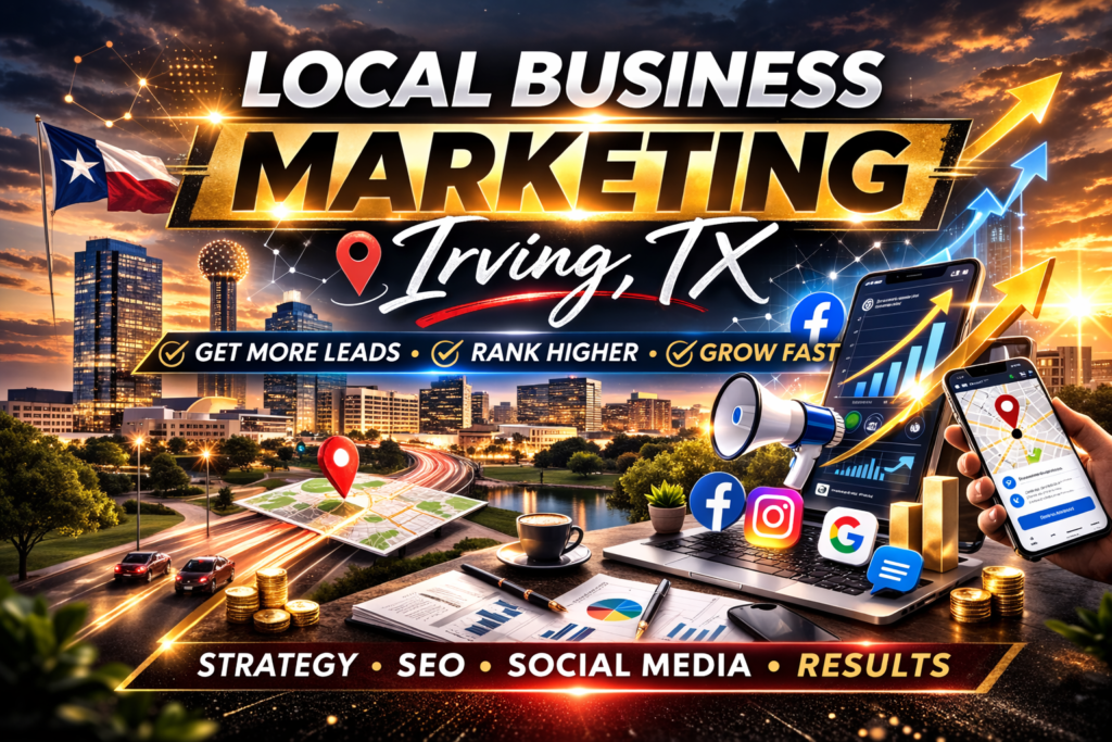 Local business marketing Irving TX promotional graphic featuring the Irving skyline, gold growth arrow, and digital marketing elements representing SEO and social media services.