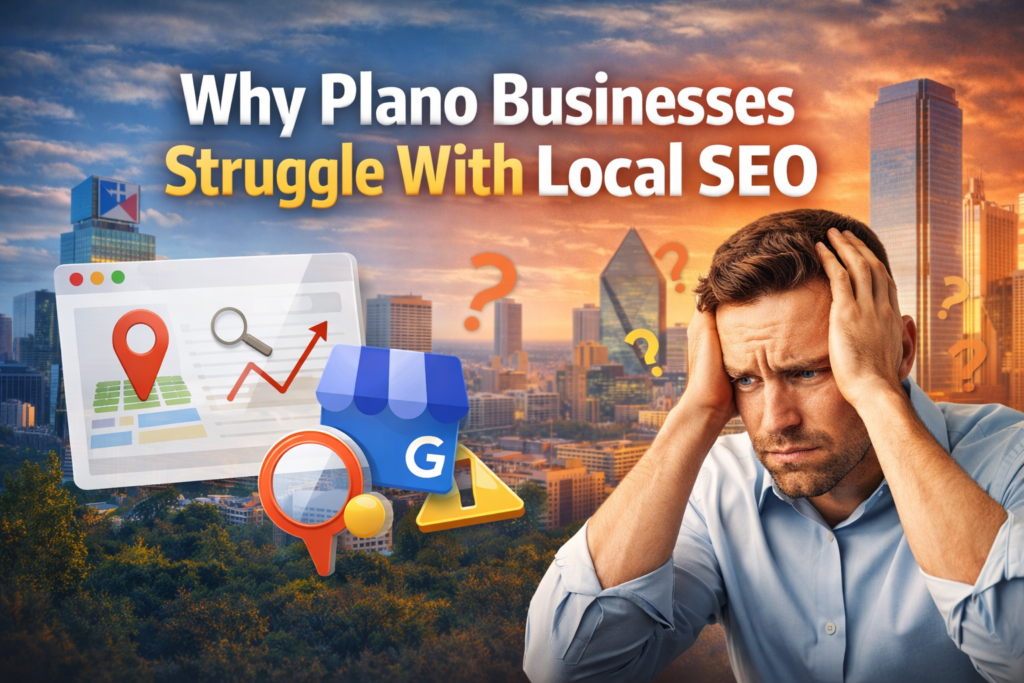 Plano Texas skyline background with bold headline Why Plano Businesses Struggle With Local SEO, featuring a stressed business owner and search engine graphics representing local SEO challenges.