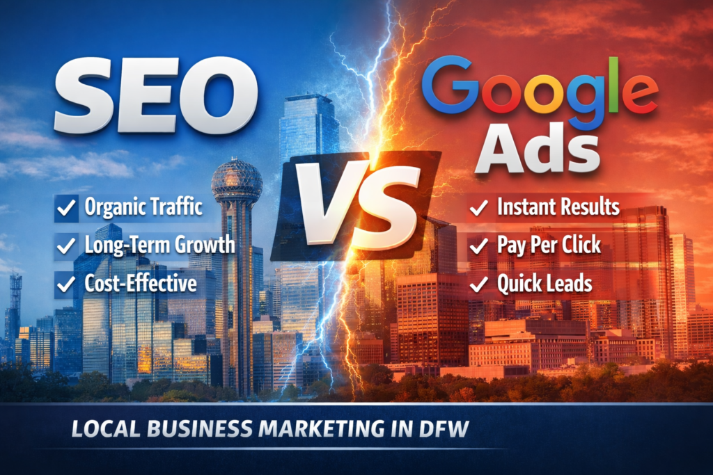 Comparison graphic showing SEO vs Google Ads over a split blue and red Dallas skyline background, highlighting organic traffic and long-term growth for SEO versus instant results and pay-per-click for Google Ads in DFW.