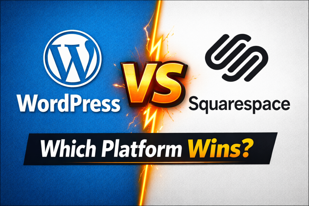 WordPress vs Squarespace comparison graphic showing both logos with “Which Platform Wins?” text for business website decision guide