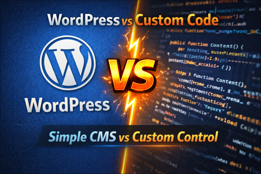 WordPress vs custom code comparison graphic showing CMS platform versus custom development with “Simple CMS vs Custom Control"