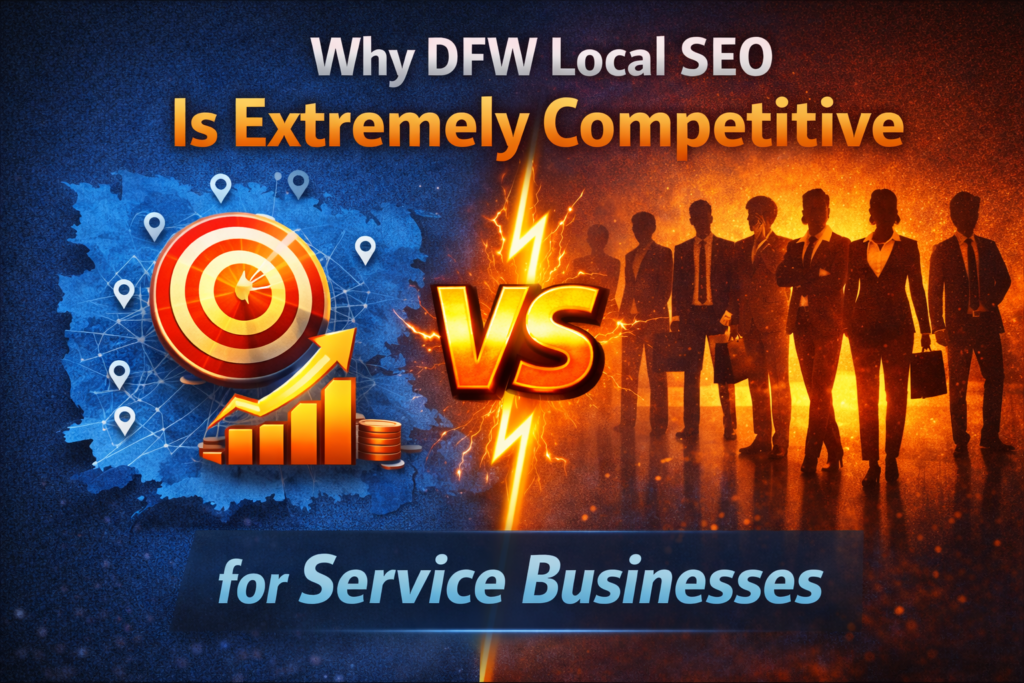 DFW local SEO competition graphic showing Dallas–Fort Worth map, target symbol, growth chart, and business competitors illustration