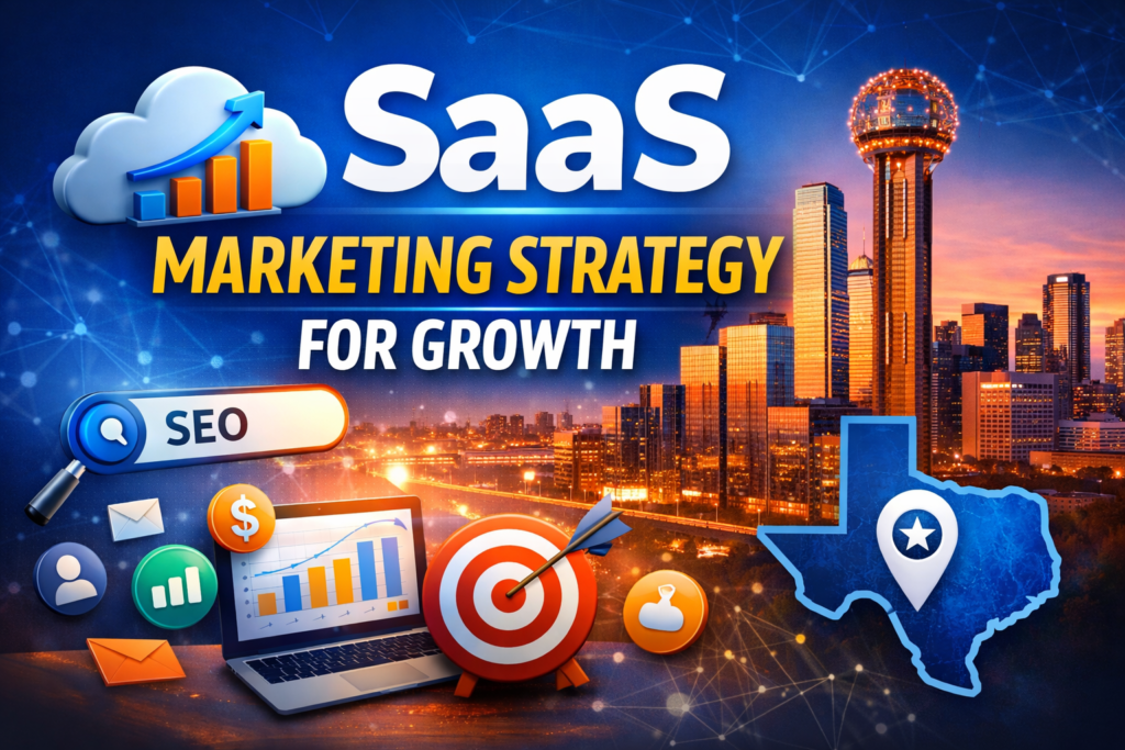 SaaS marketing strategy for growth in Dallas featuring Dallas skyline, SEO search icon, analytics dashboard, target symbol, and Texas map graphic.