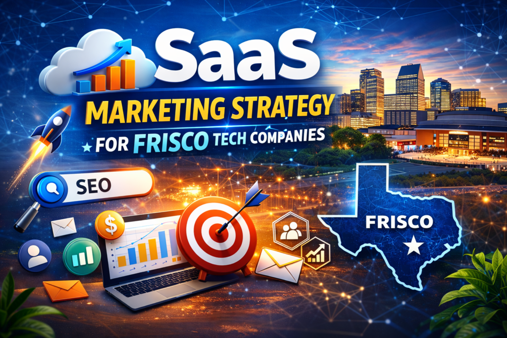 SaaS marketing strategy for Frisco tech companies featuring Frisco skyline, SEO analytics dashboard, growth target icon, and Texas map graphic.