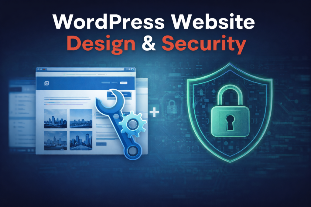 WordPress website design and security concept featuring website interface graphic, wrench tool icon, and shield with padlock symbol.