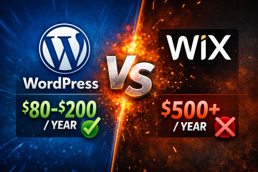 WordPress vs Wix comparison graphic showing WordPress at $80–$200 per year with a green check mark versus Wix at $500+ per year with a red X, separated by a dramatic “VS” design background.