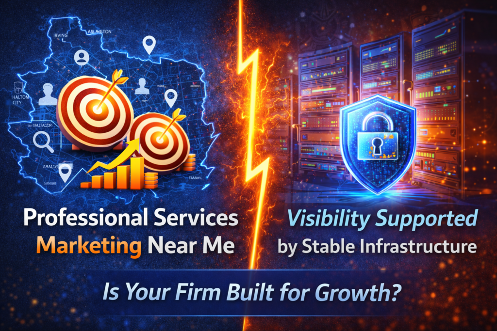 Professional services marketing near me graphic showing Texas map with growth targets and secure server infrastructure