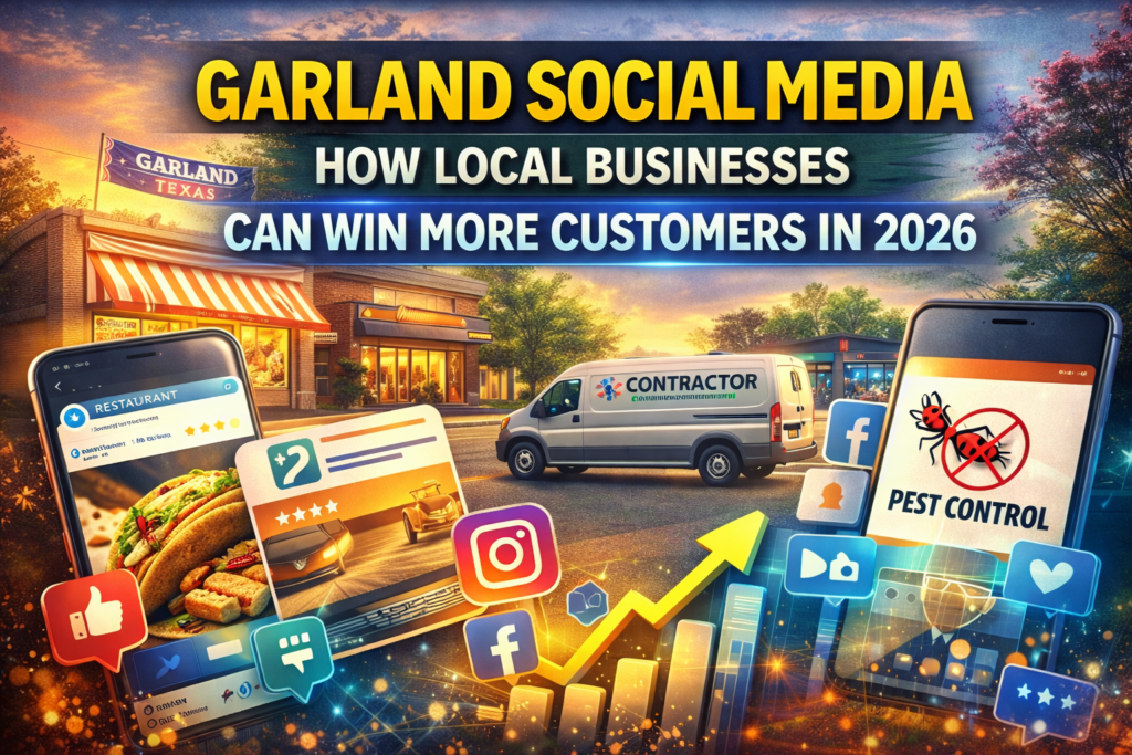 Garland social media marketing thumbnail featuring local businesses, pest control service, and social media growth graphics for 2026.