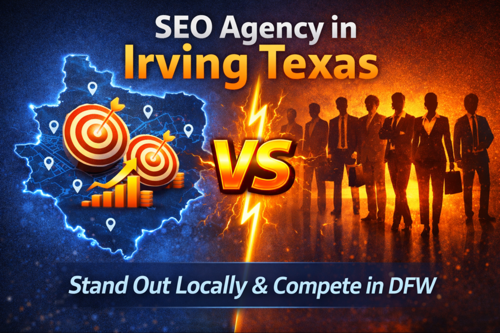 SEO Agency in Irving Texas competitive local search graphic with DFW map, target icons, and business competitors illustration