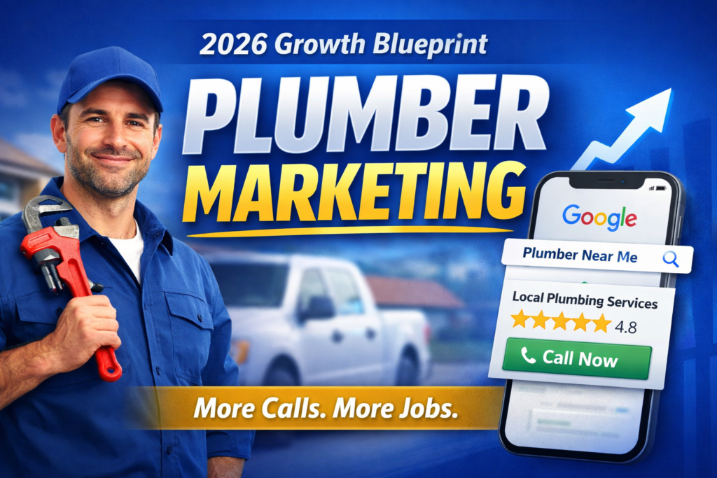 Plumber marketing 2026 blueprint showing plumber with wrench and Google search results for local plumbing services