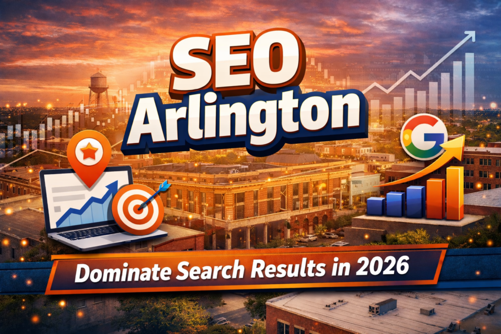 SEO Arlington thumbnail featuring Arlington skyline at sunset with bold “SEO Arlington” text, Google logo, growth charts, and digital marketing graphics symbolizing business growth and search rankings.