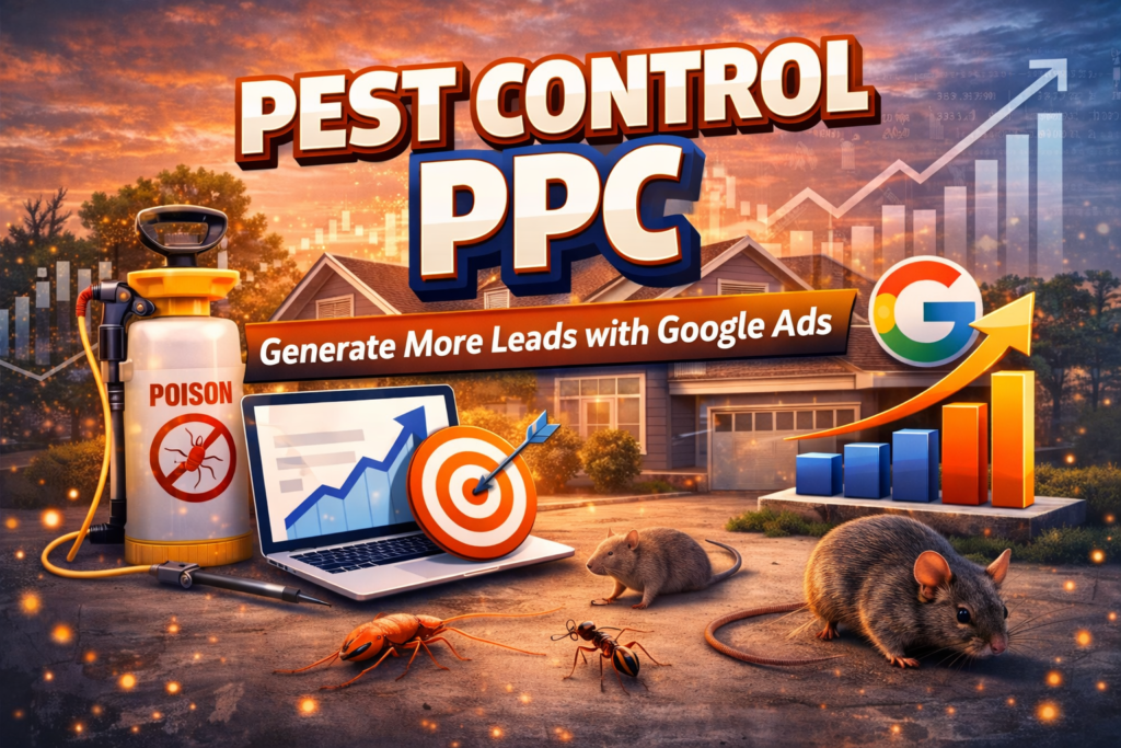 Pest Control PPC thumbnail showing pest control sprayer, insects and rodent near a home with Google Ads logo and growth charts illustrating lead generation from pest control PPC advertising.