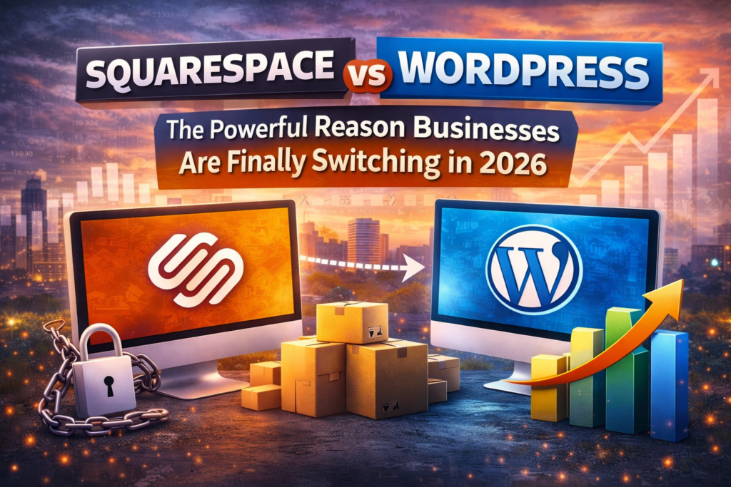 Squarespace vs WordPress thumbnail showing two computer screens with the Squarespace and WordPress logos, migration arrow, lock and growth chart illustrating businesses switching platforms for better performance and SEO.