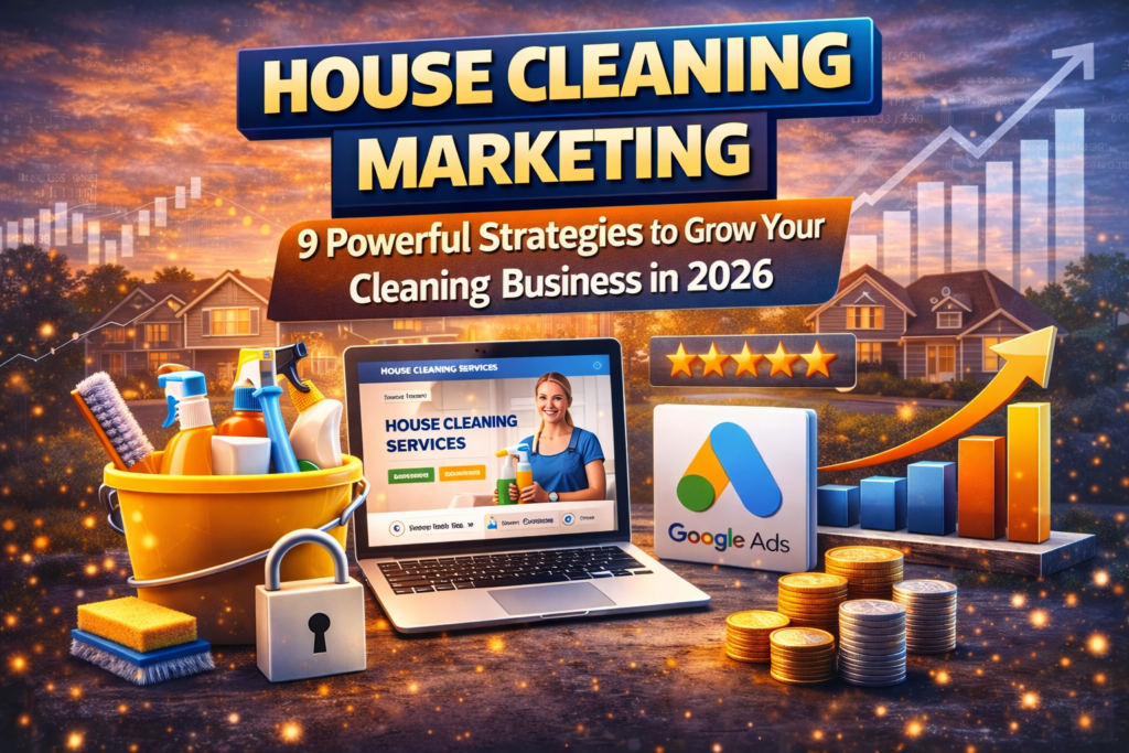 House Cleaning Marketing thumbnail featuring cleaning supplies, a laptop showing a cleaning company website, Google Ads icon, five-star rating, and rising growth chart representing marketing strategies for cleaning businesses.