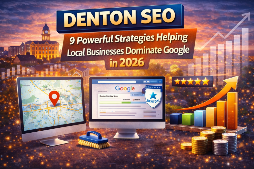 Denton SEO thumbnail featuring the Denton courthouse skyline at sunset with bold “Denton SEO” title, Google search screen, local map pin, five-star rating, and upward growth chart representing local search marketing success.