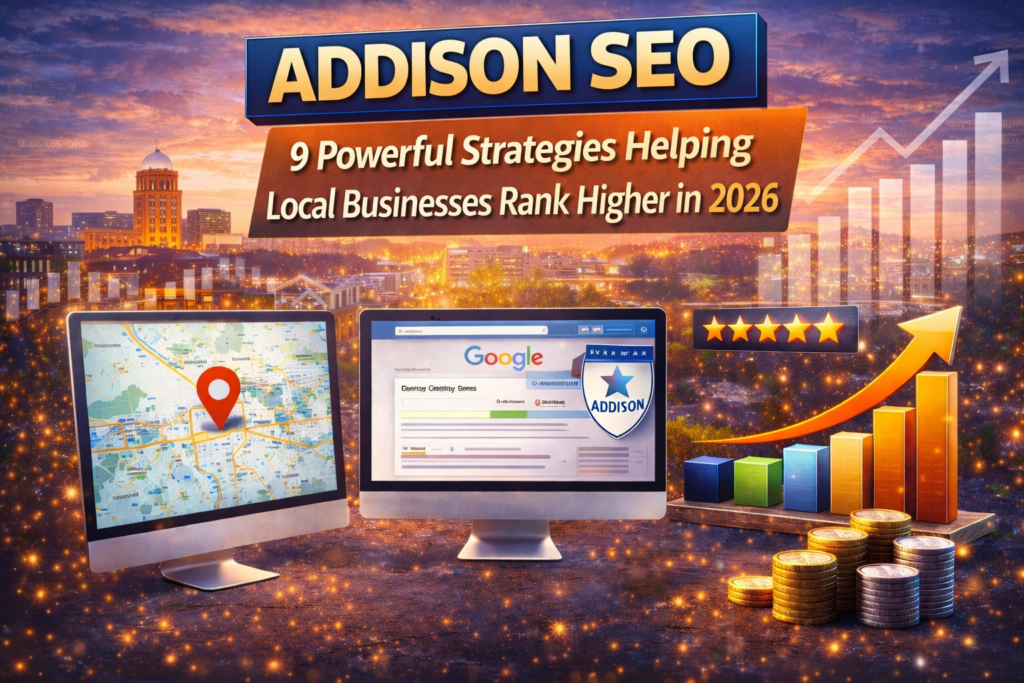 Addison SEO thumbnail featuring the Addison skyline at sunset with bold “Addison SEO” title, Google search interface, local map pin, five-star rating, and upward growth chart symbolizing local search ranking success for businesses in Addison, Texas.