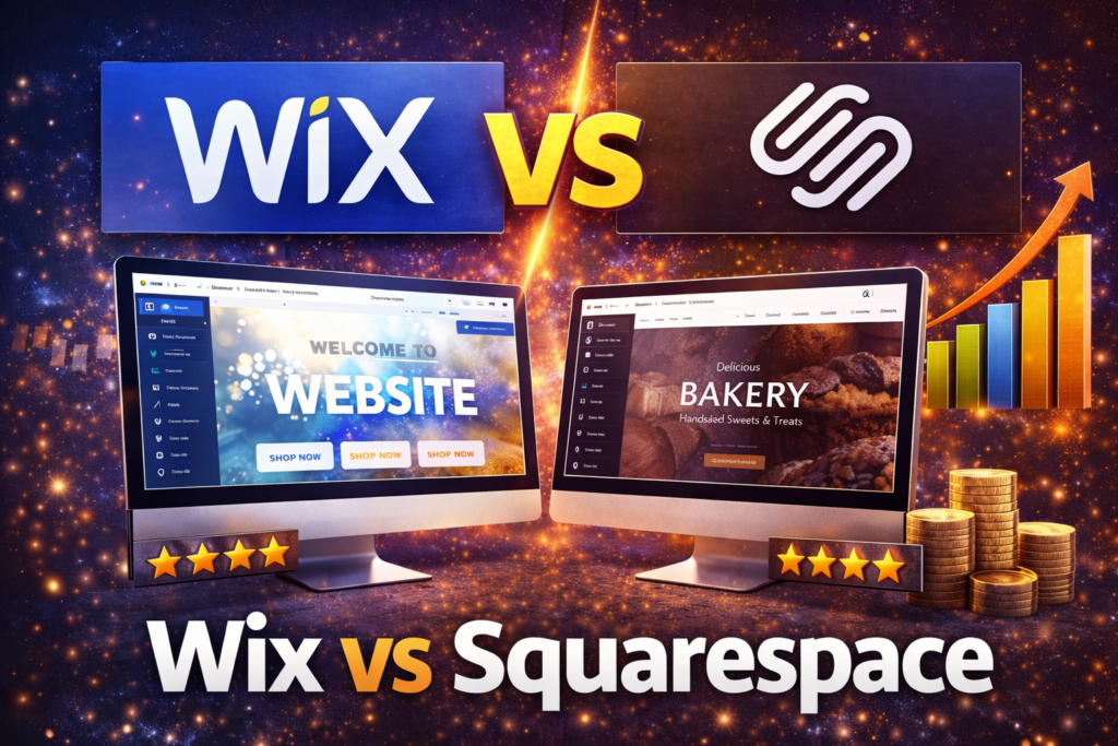 Wix vs Squarespace thumbnail showing the Wix and Squarespace logos facing off with website builder dashboards on two monitors, a “VS” symbol between them, five-star ratings, and growth charts illustrating website platform comparison.