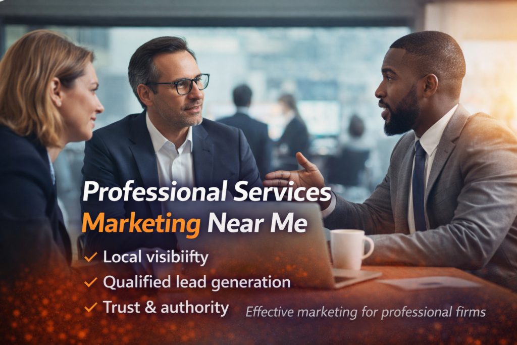 Professional services marketing near me meeting scene showing consultants discussing local visibility and lead generation strategy