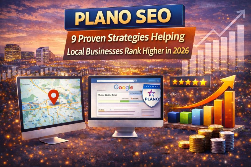 Plano SEO thumbnail featuring the Plano skyline at sunset with bold “Plano SEO” title, Google search interface, Plano map pin, five-star rating, and upward growth chart representing local search marketing success for businesses in Plano, Texas.