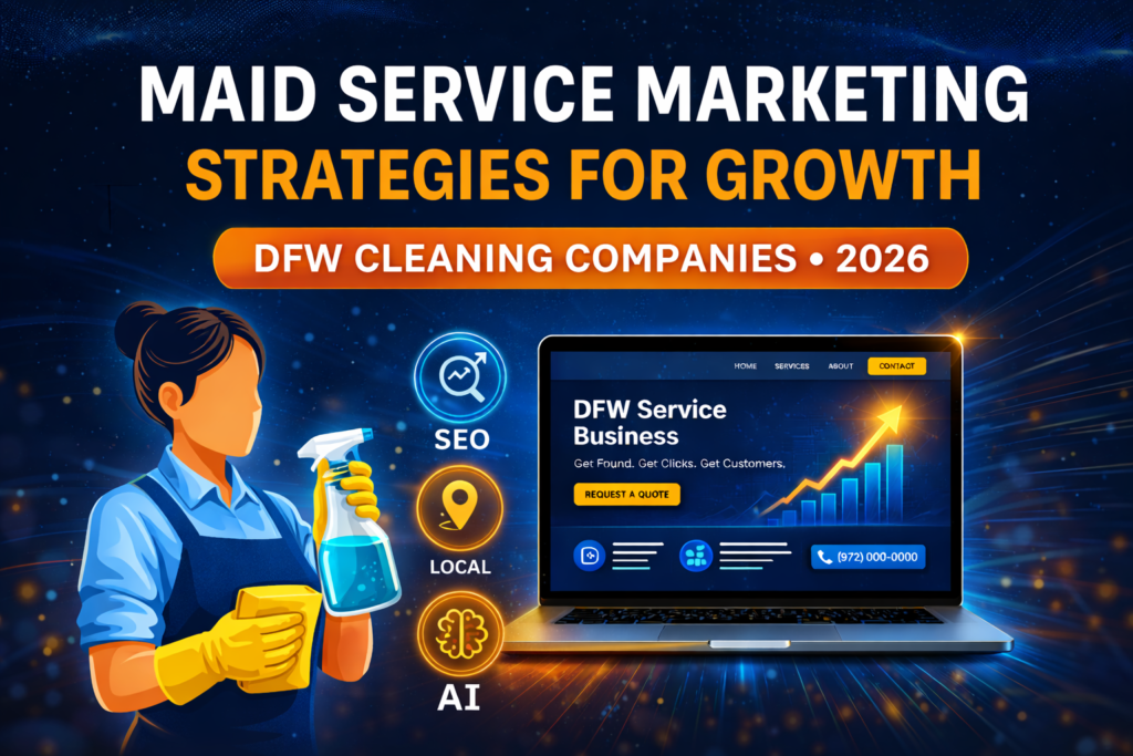 Illustration of maid service marketing strategies for cleaning companies, featuring a cleaning professional, SEO and AI marketing icons, and a laptop showing website growth for DFW cleaning businesses.