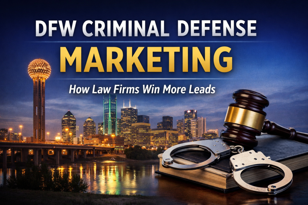 Thumbnail showing the Dallas skyline at night with a judge’s gavel, handcuffs, and bold text reading DFW Criminal Defense Marketing with the subtitle “How Law Firms Win More Leads.”



