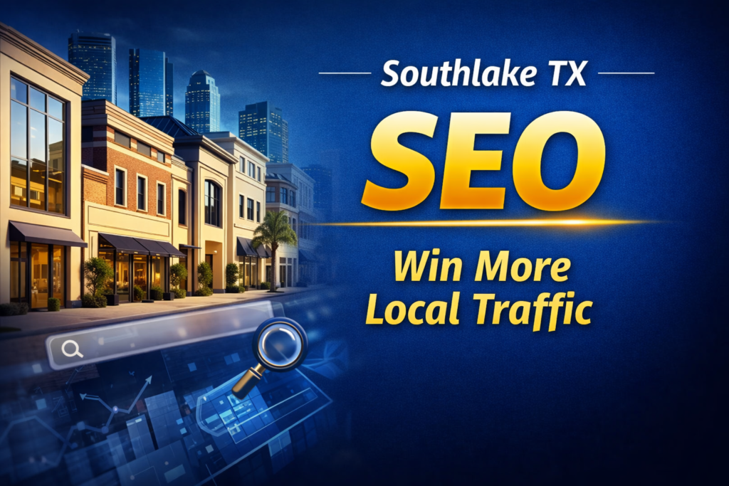 Southlake SEO thumbnail showing an upscale Texas business district with bold text promoting local SEO and more local traffic for businesses in Southlake.