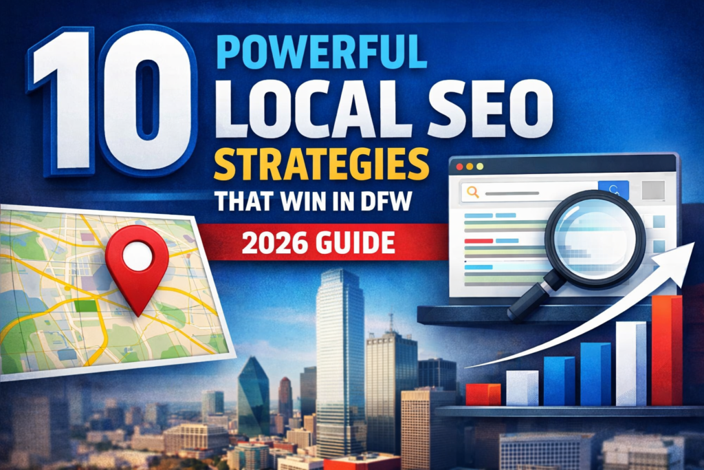 Local SEO Strategies guide for DFW businesses showing Dallas skyline, search results, map pin, and upward ranking growth chart