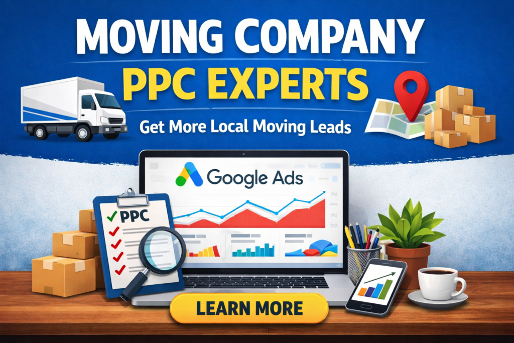 Moving company PPC experts thumbnail featuring a moving truck, map pin, boxes, and a laptop with Google Ads analytics to represent local lead generation for movers.