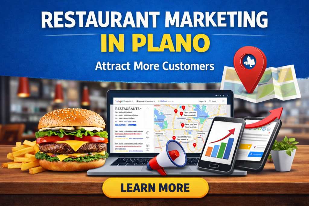 Restaurant marketing in Plano thumbnail featuring a burger, fries, map pin, laptop, and growth graphics to represent local restaurant advertising, search visibility, and customer growth.