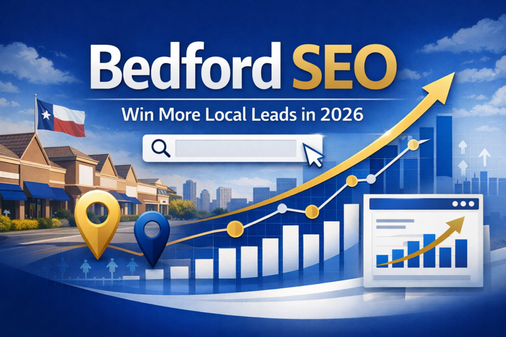 Bedford SEO blog thumbnail showing a blue-and-gold local marketing design with Bedford storefronts, a Texas flag, map pins, a search bar, and rising SEO charts with the text “Bedford SEO – Win More Local Leads in 2026.”