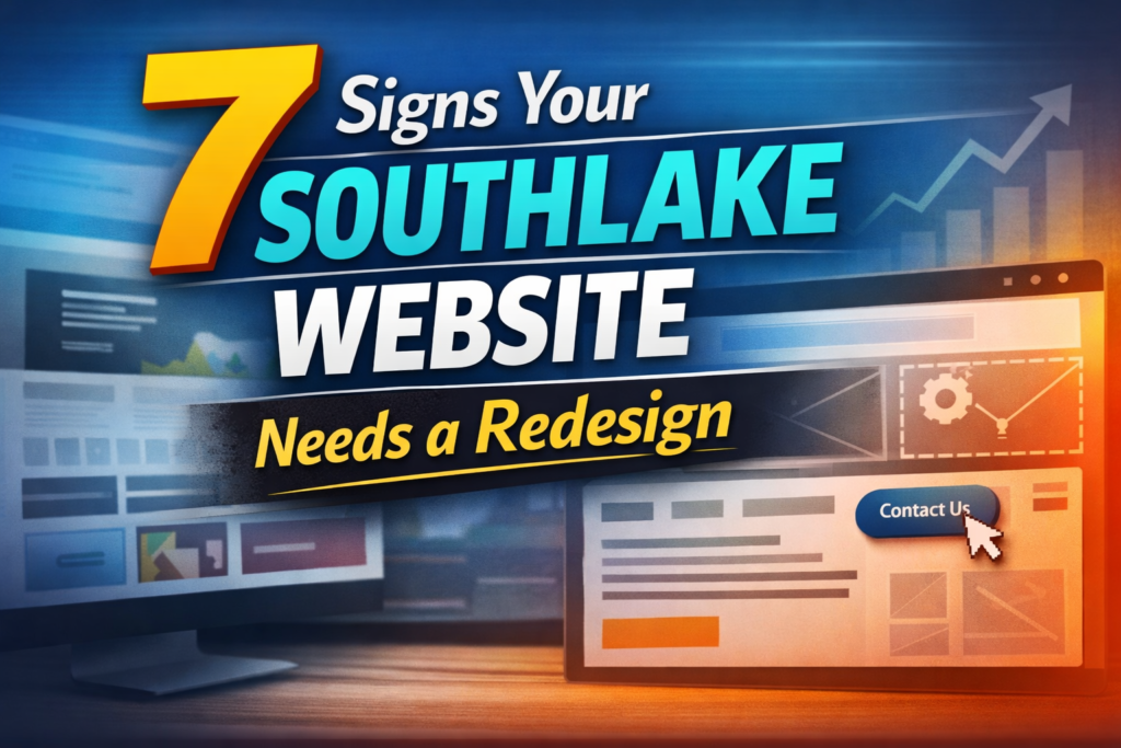 Thumbnail for a Southlake website redesign blog featuring the text 7 Signs Your Southlake Website Needs a Redesign with a modern business website theme.