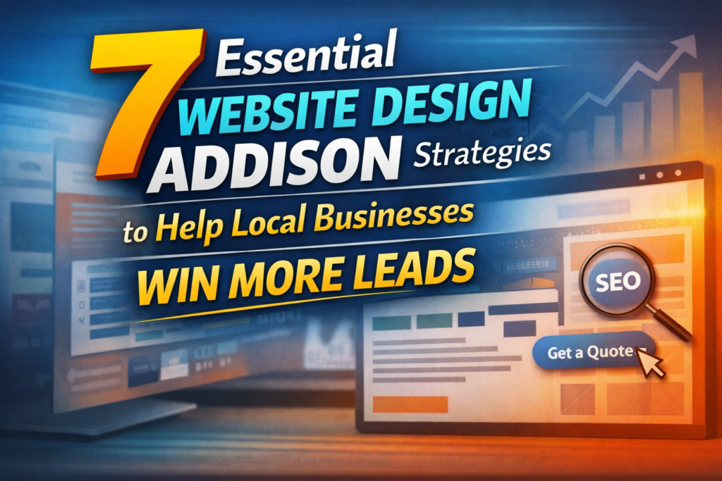 Thumbnail for an Addison website design blog featuring the text 7 Essential Website Design Addison Strategies to Help Local Businesses Win More Leads over a modern website and SEO-themed background.