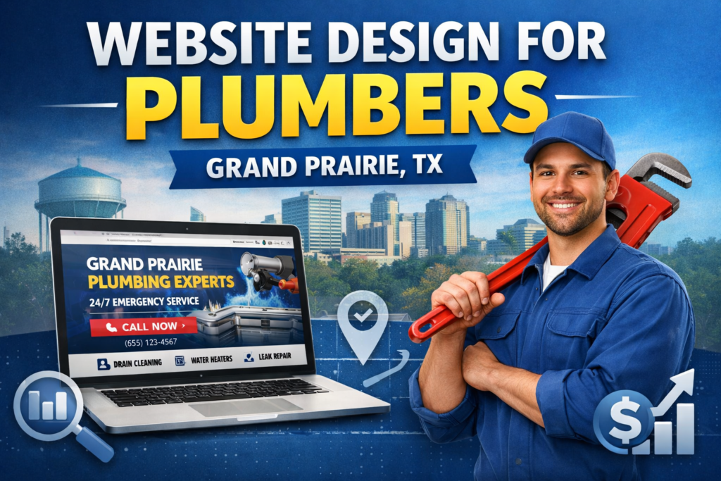 Thumbnail showing a plumber-themed website design graphic for Grand Prairie, Texas, with bold text reading Website Design for Plumbers, a laptop displaying a plumbing homepage, a smiling plumber holding a pipe wrench, and business growth icons in the background.