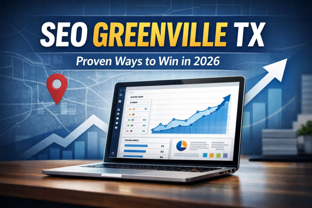 Blog thumbnail for SEO Greenville TX showing a laptop with rising search analytics, a map pin, and bold text reading SEO Greenville TX: Proven Ways to Win in 2026.