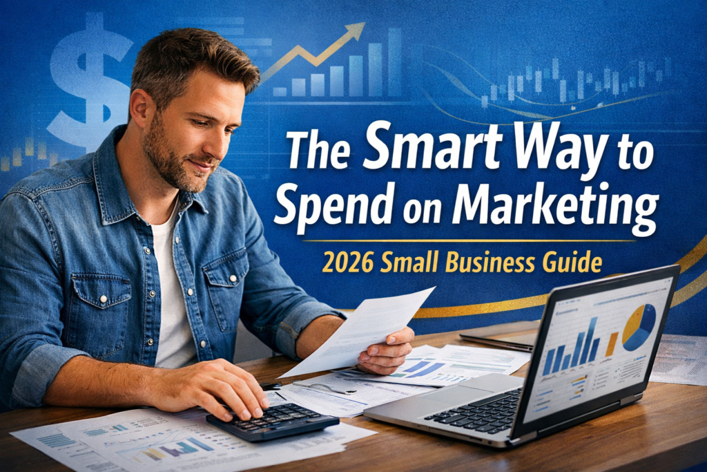 Small business marketing budget 2026 thumbnail showing a business owner reviewing marketing reports, budget documents, and analytics on a laptop