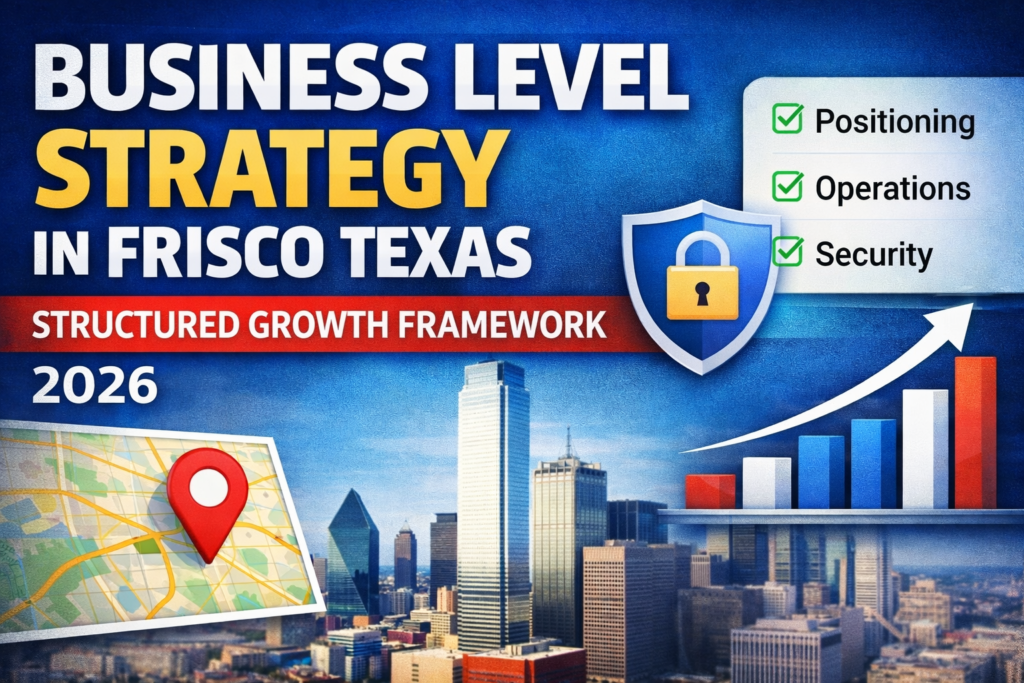 Business level strategy in Frisco Texas thumbnail showing skyline, growth chart, and cybersecurity shield