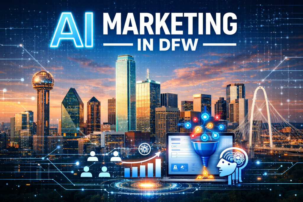 AI marketing in DFW thumbnail featuring the Dallas skyline with digital overlays, lead funnel graphics, and automation icons representing AI-driven marketing and business growth.