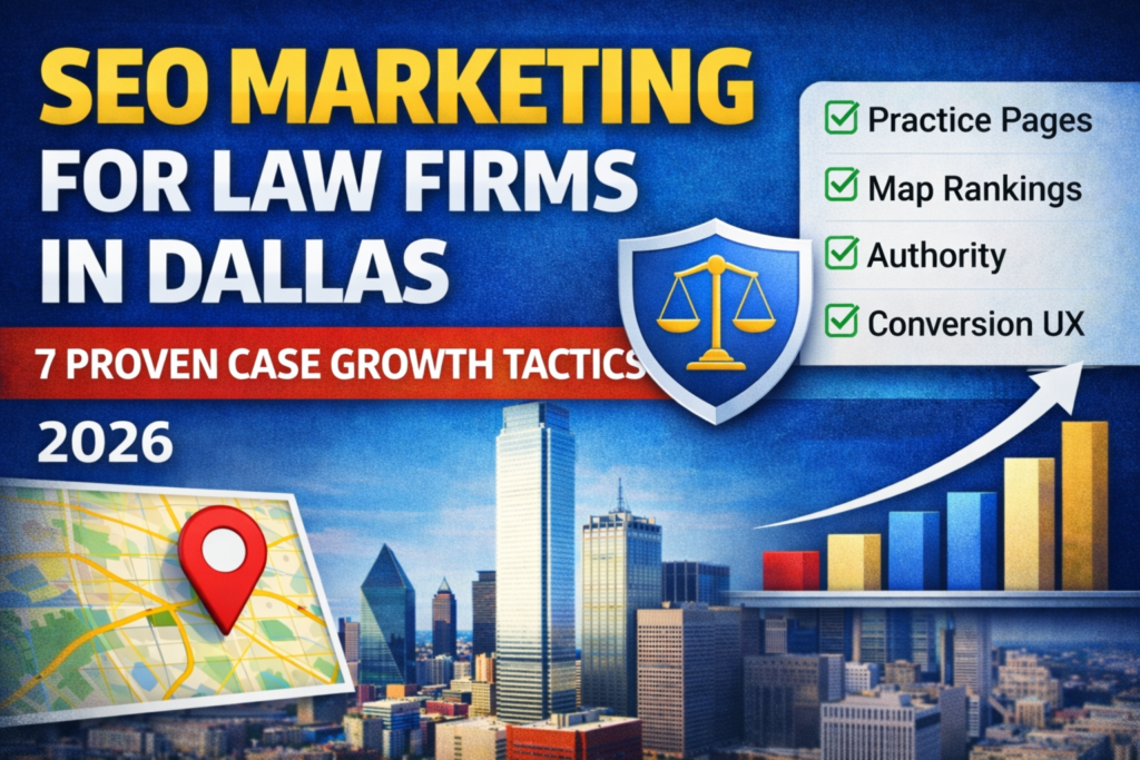 SEO Marketing for Law Firms strategy graphic showing case growth tactics, map rankings, and legal website conversion design
