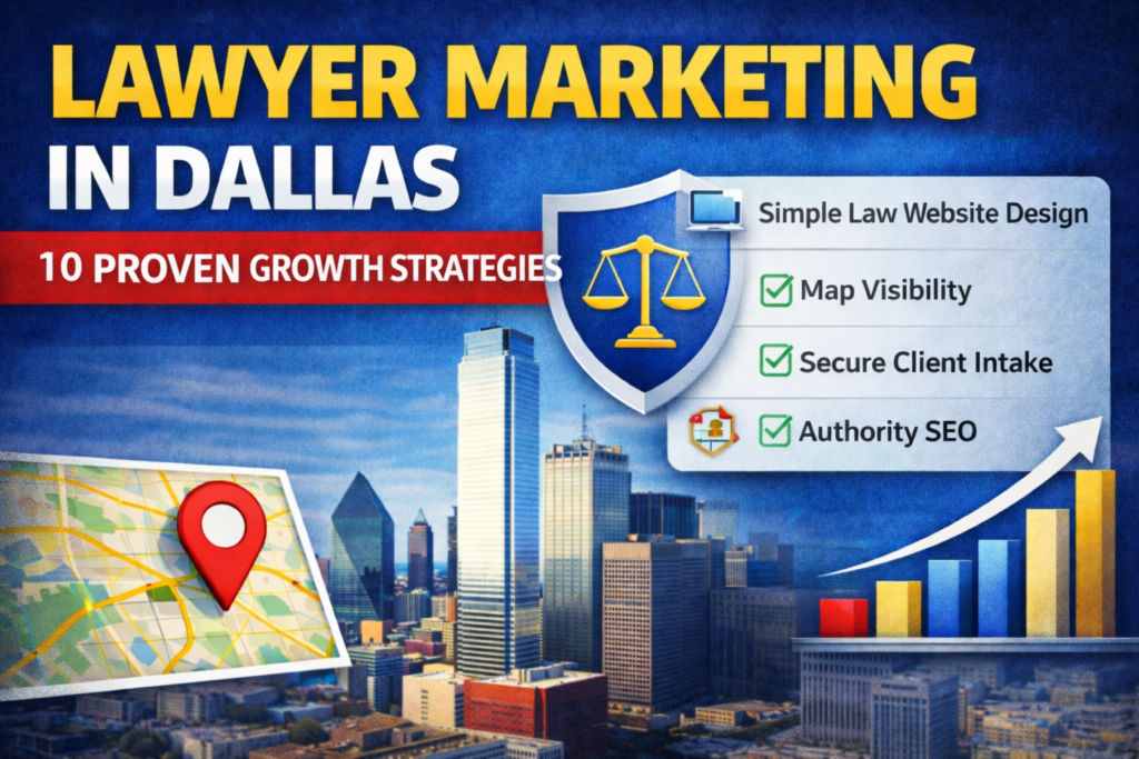 Lawyer marketing Dallas graphic showing 10 proven growth strategies including map visibility, authority SEO, secure client intake, and website design