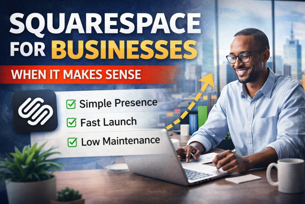 Squarespace for Businesses thumbnail showing website benefits, growth chart, and professional working on laptop