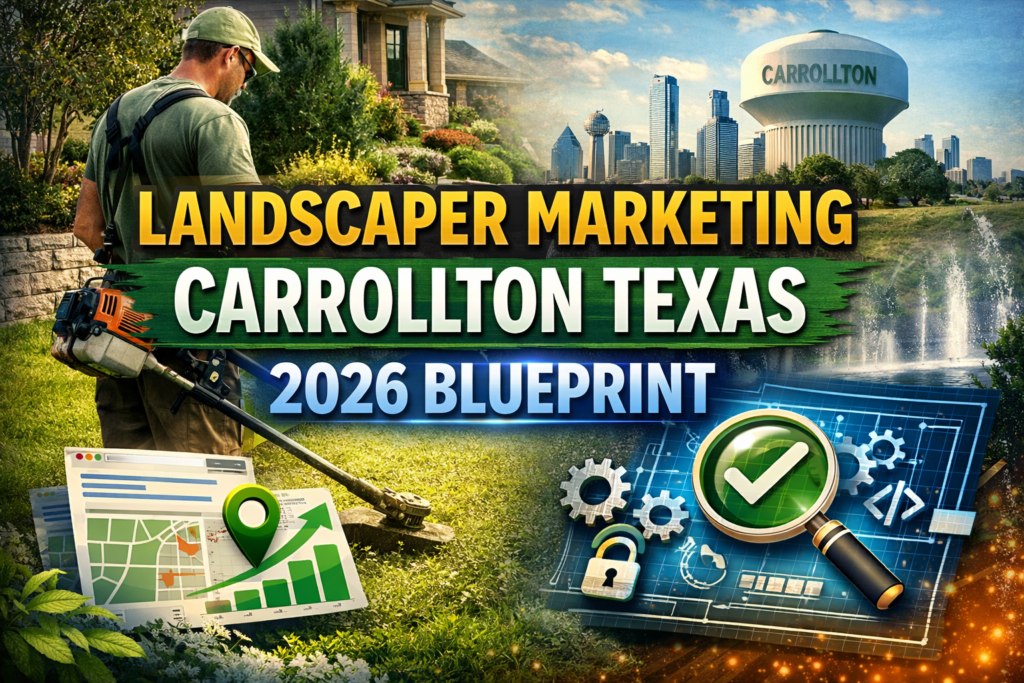 Landscaper marketing Carrollton Texas 2026 blueprint thumbnail featuring a professional landscaper, Carrollton skyline, SEO graphics, and website strategy visuals.
