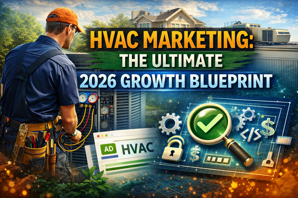 HVAC marketing ultimate 2026 growth blueprint thumbnail featuring HVAC technician, digital advertising graphics, SEO analytics, and website strategy visuals.